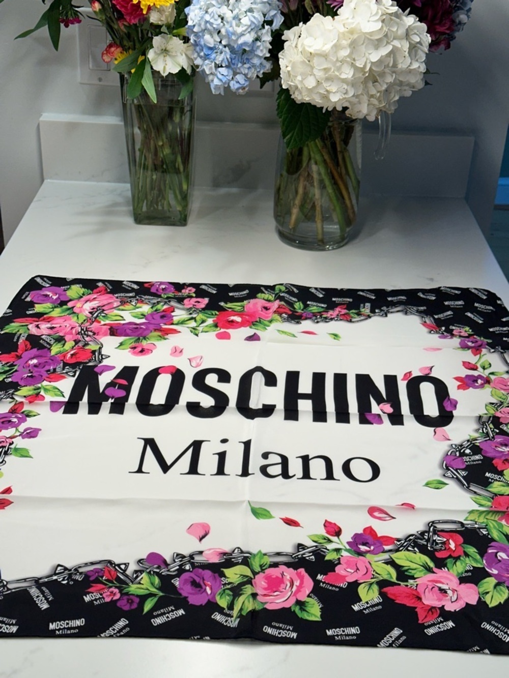 Moschino Black, White, Pink Floral Logo Silk Scarf